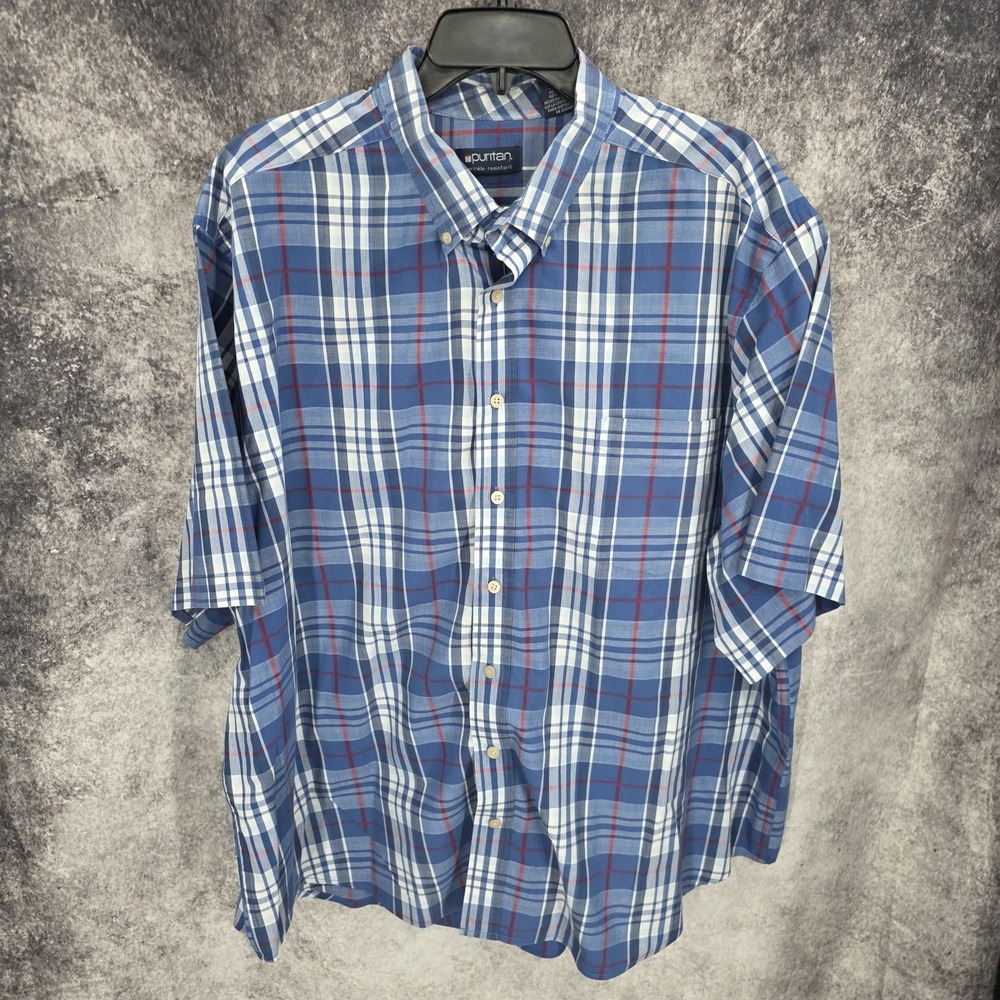 Puritan Shirt Mens 3XL Blue Button Down Plaid Short Sleeve Wrinkle Resistant